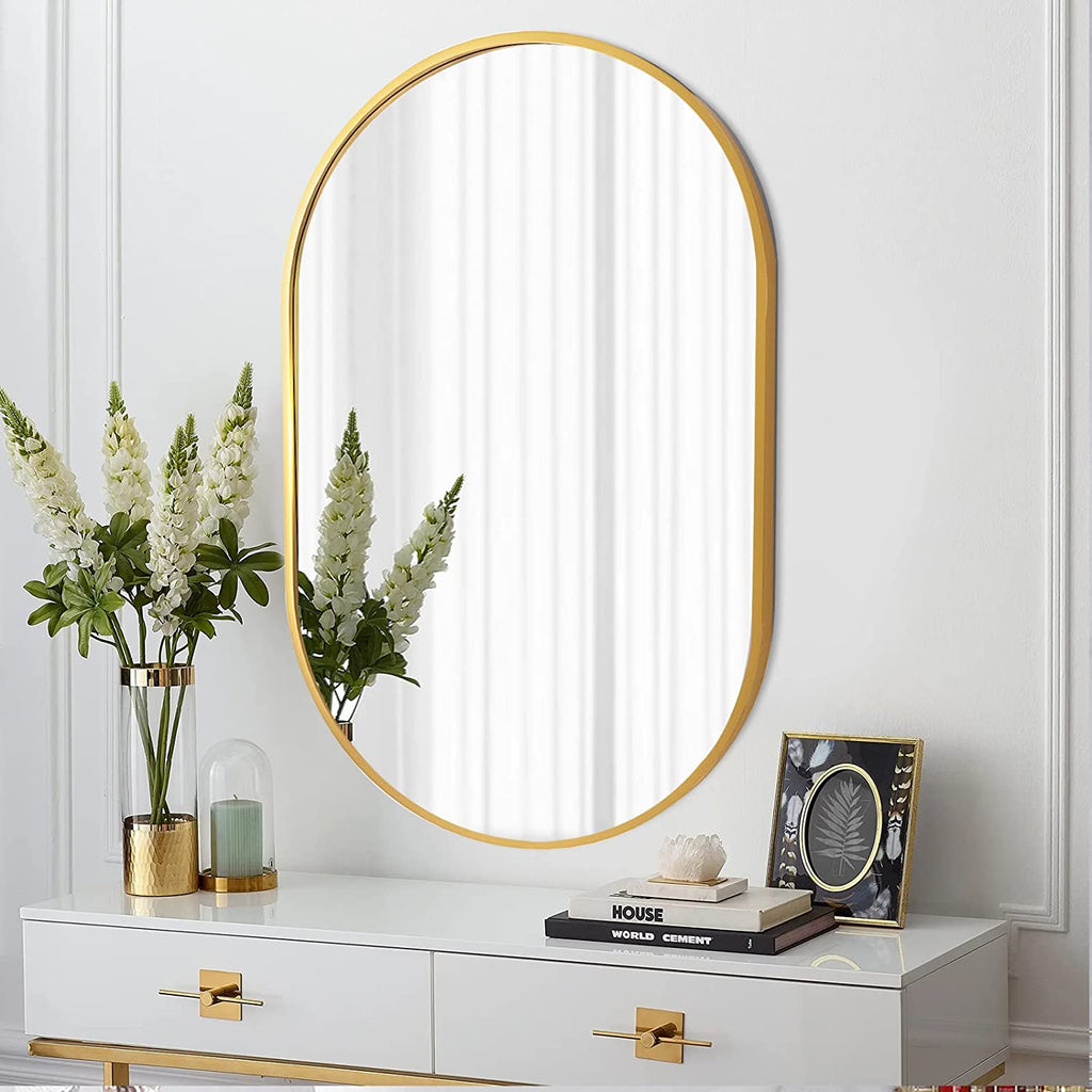 Gold Oval Wall Mirror, 20 x 28 Inch Brushed Aluminum Frame Vanity Mirror