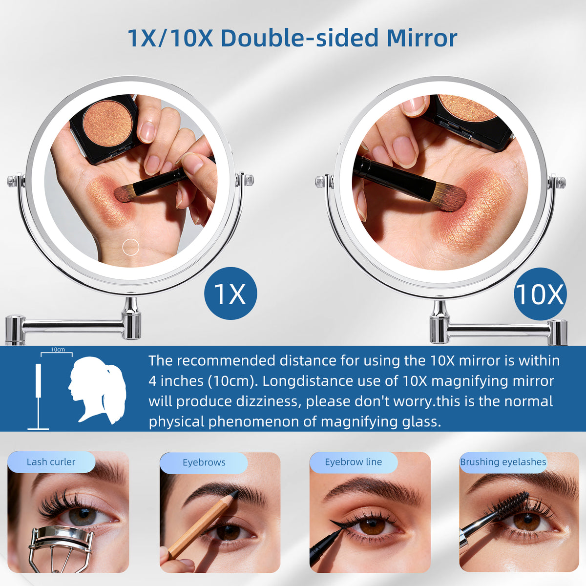 Wall Mounted Lighted Makeup Mirror, 8 Inch Double Sided 1X/10X Magnifying Vanity Mirror, Rechargeable, 3 Color Lights, Chrome