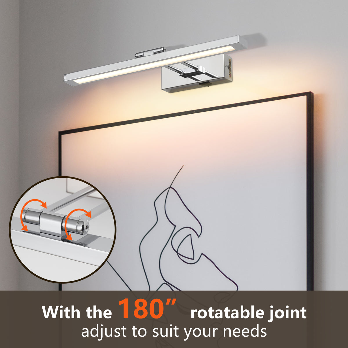 Battery Picture Light, 16 Inch Wireless LED Art Light With Remote, Chrome Metal Rechargeable Wall Sconce for Paintings and Photo Frames