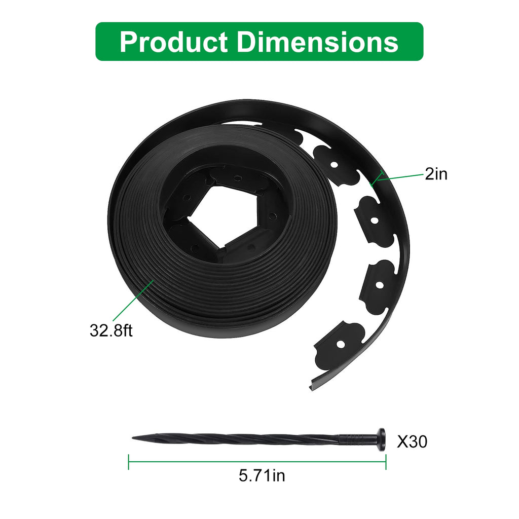 No-Dig Garden Edging Kit, Black Flexible Plastic Landscape Border with Stakes, 32.8, 60 or 100 ft
