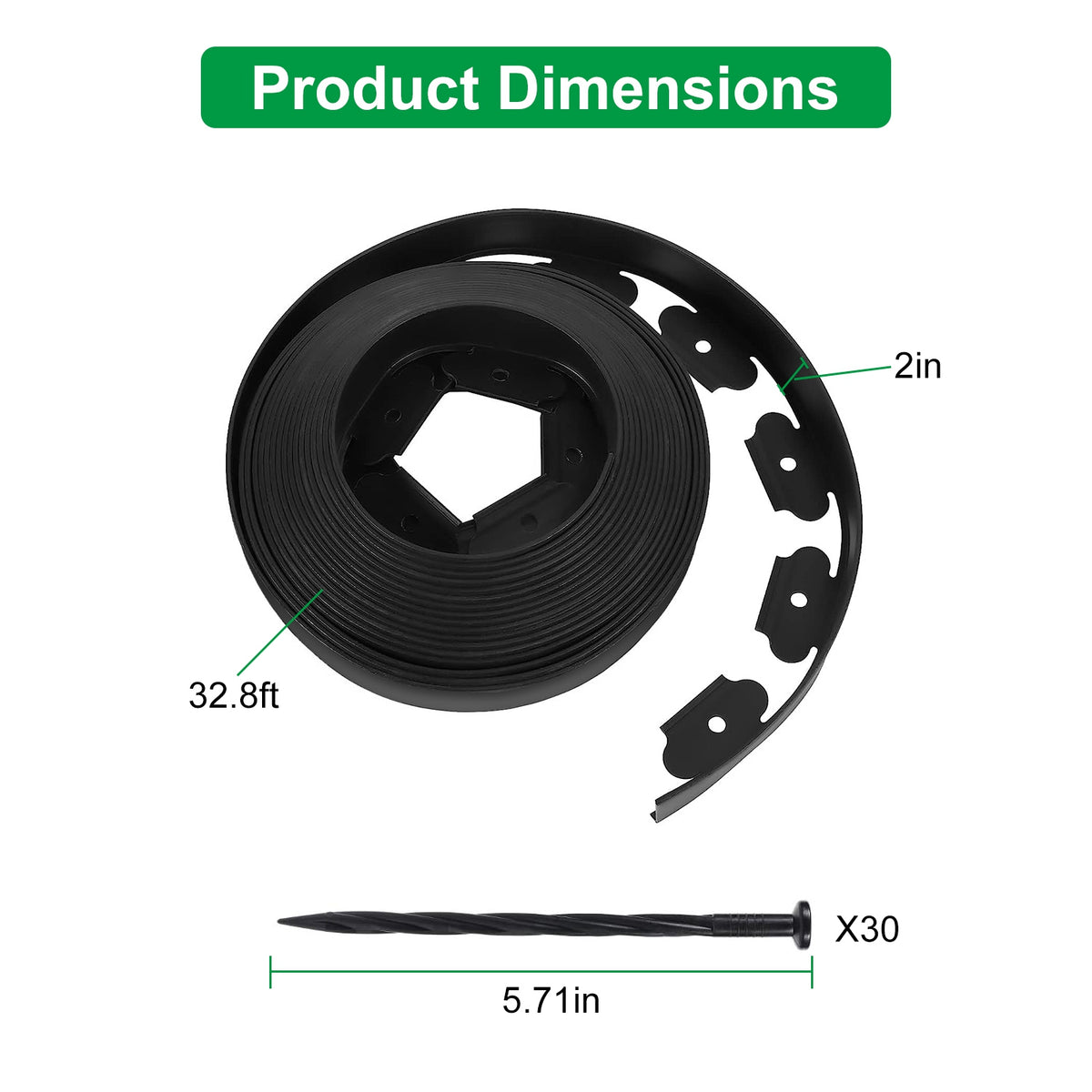 No-Dig Garden Edging Kit, Black Flexible Plastic Landscape Border with Stakes, 32.8, 60 or 100 ft