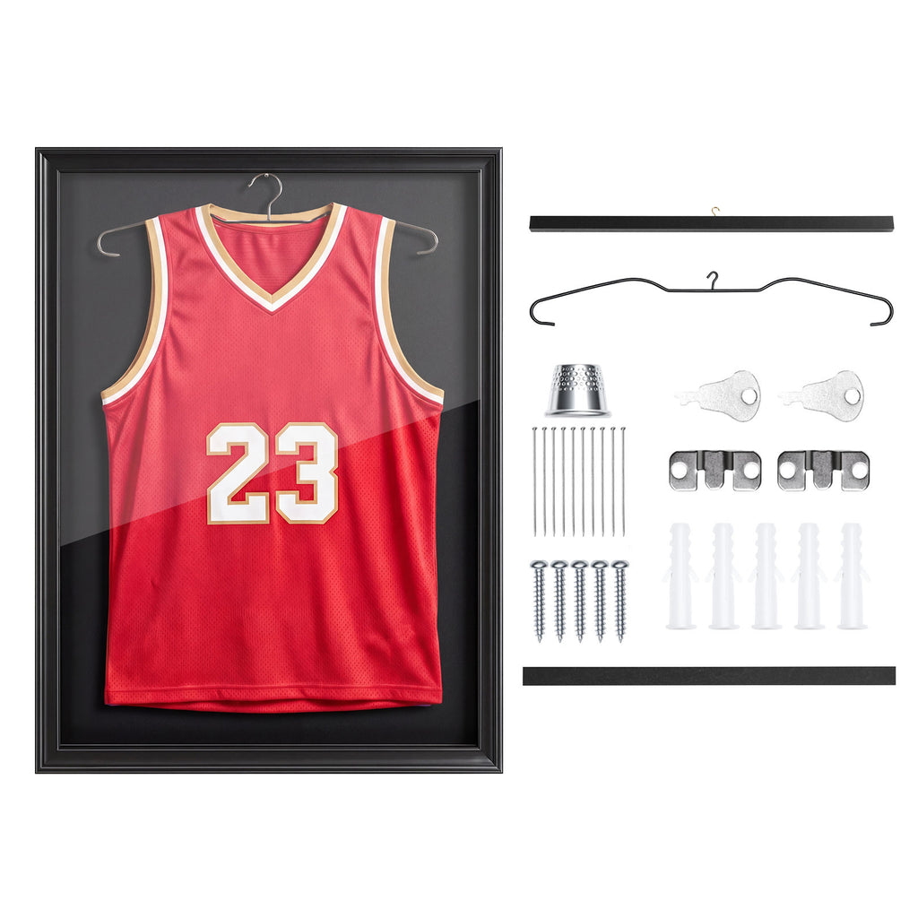 Jersey Frame Display Case, 35.4 x 27.6 in Lockable Wooden Shadow Box with Hanger for Baseball, Basketball, Football and Hockey Shirts