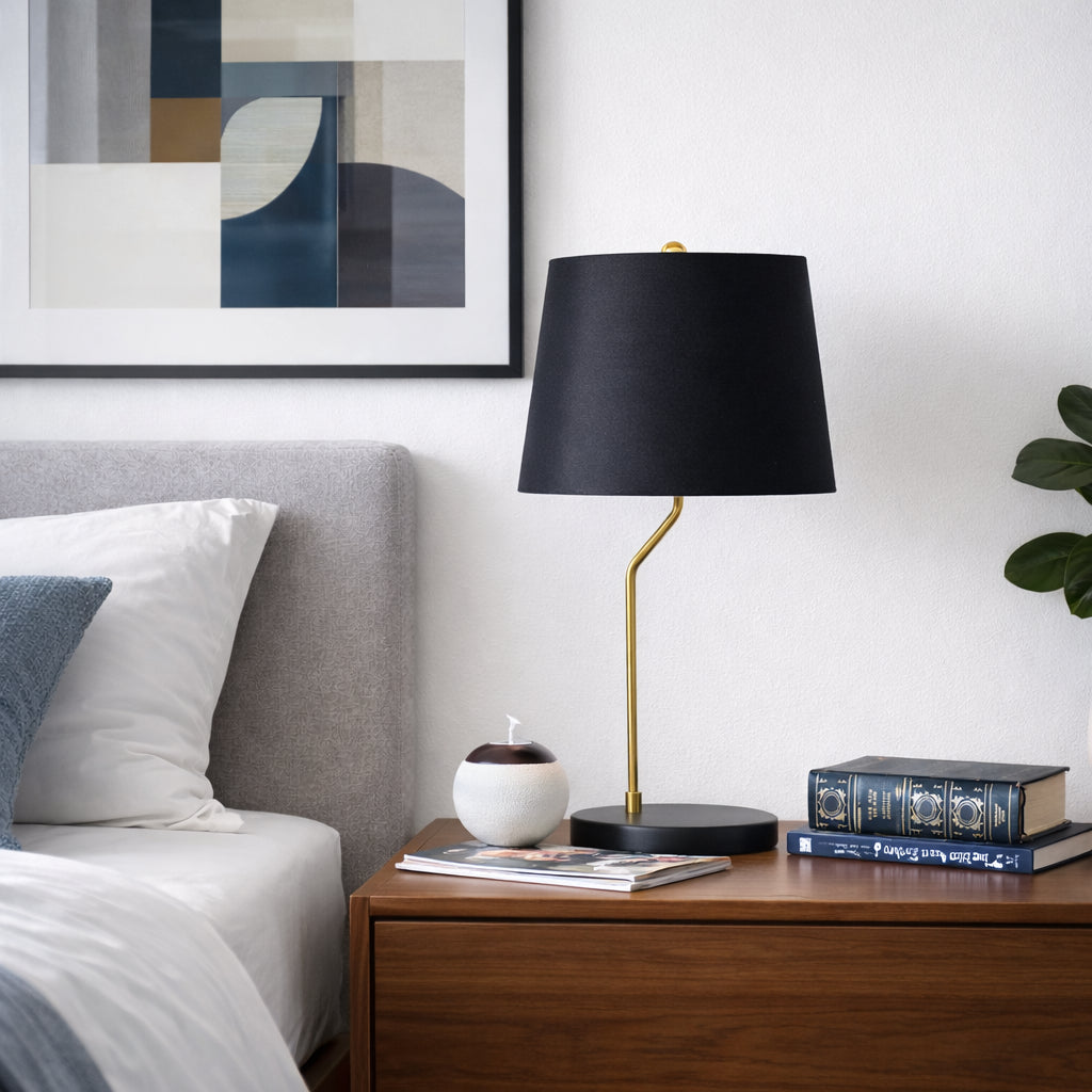 Modern Table Lamp With Black Fabric Shade and Gold Inner Lining, 21.5 In Metal Bedside Lamp