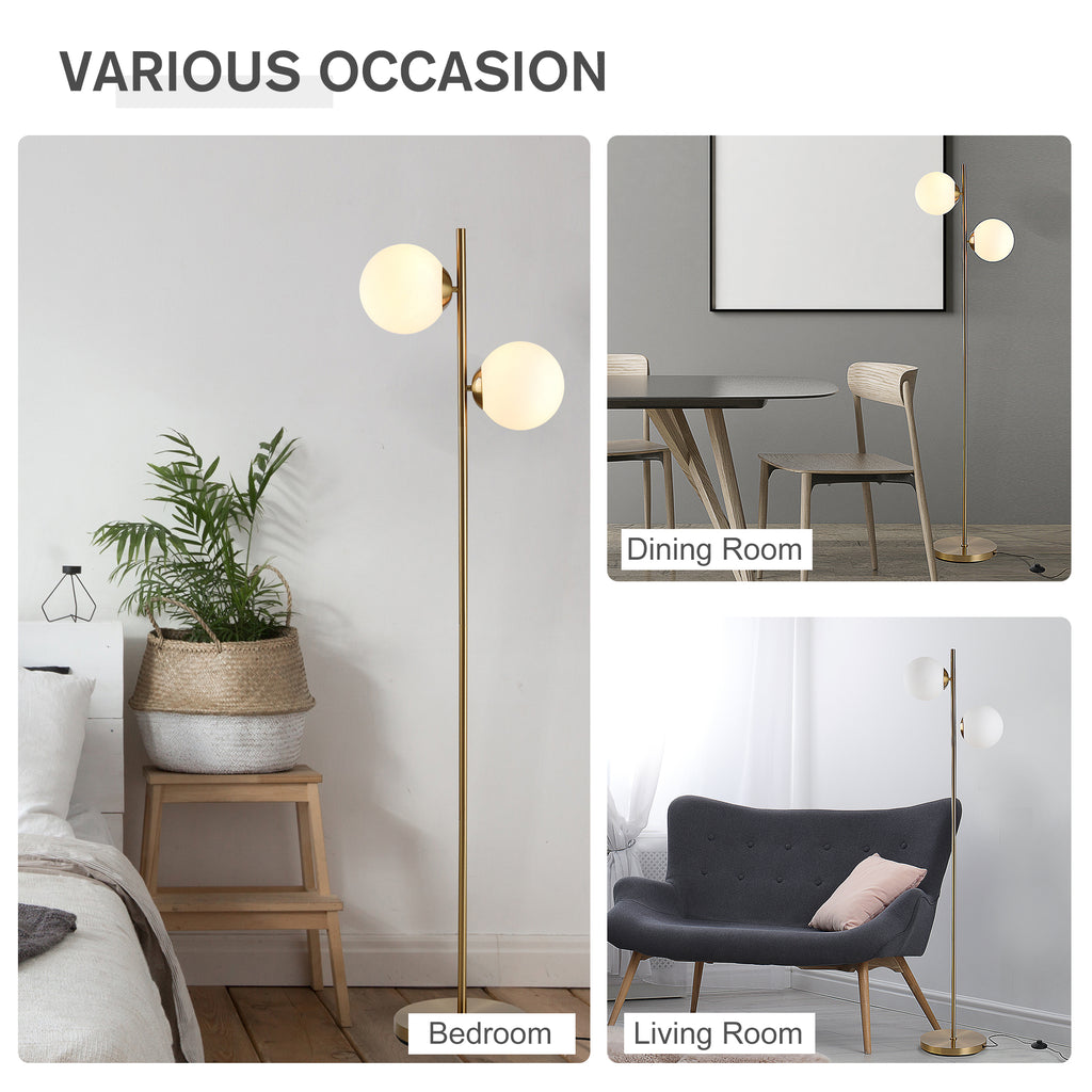 Modern Floor Lamp With 2 White Glass Globe Shades, Gold Metal Body, 65" Tall Standing Light for Living Room and Bedroom