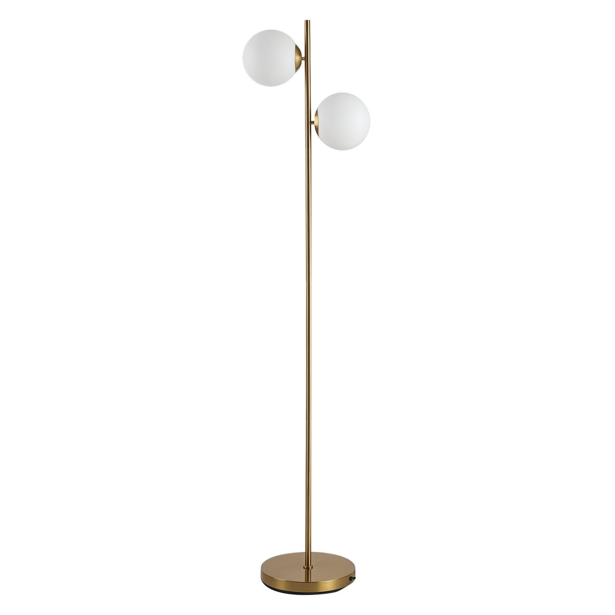 Modern Floor Lamp With 2 White Glass Globe Shades, Gold Metal Body, 65" Tall Standing Light for Living Room and Bedroom