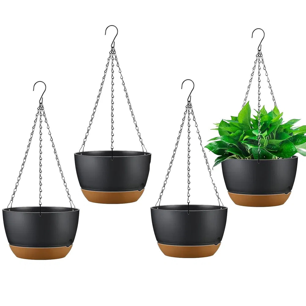 Hanging Planters With Drainage Holes, Set of 4 Self-Watering Plastic Flower Pots, 9.64 In Black and Tan
