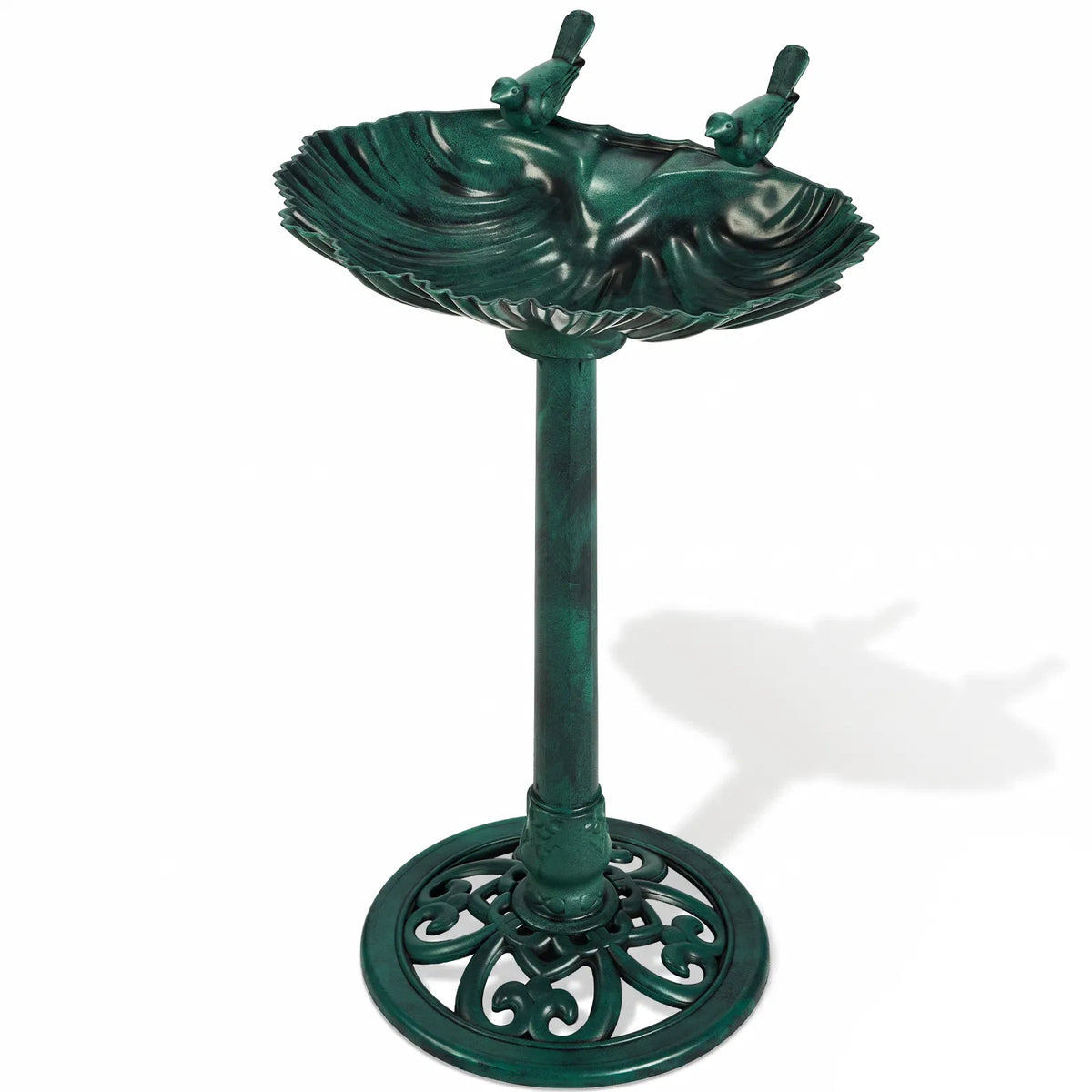 Resin Bird Bath With Solar Fountain, Dark Green Shell-Edge Basin on Pedestal, 1.4W Solar Pump, Outdoor Garden Decor