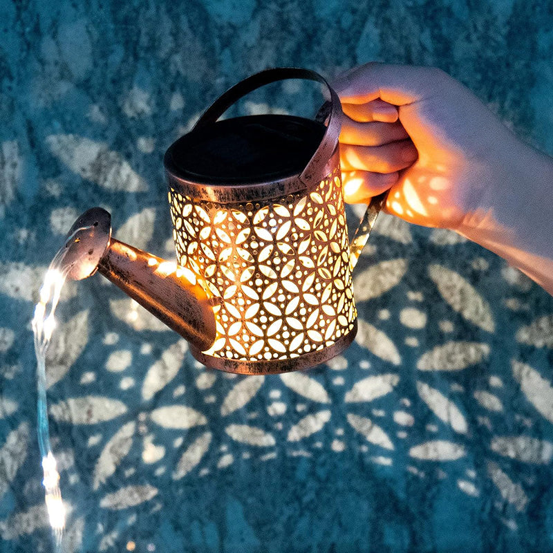 Solar Watering Can Lights With Cascading String Lights, 2 Pack Metal Garden Stake Lanterns