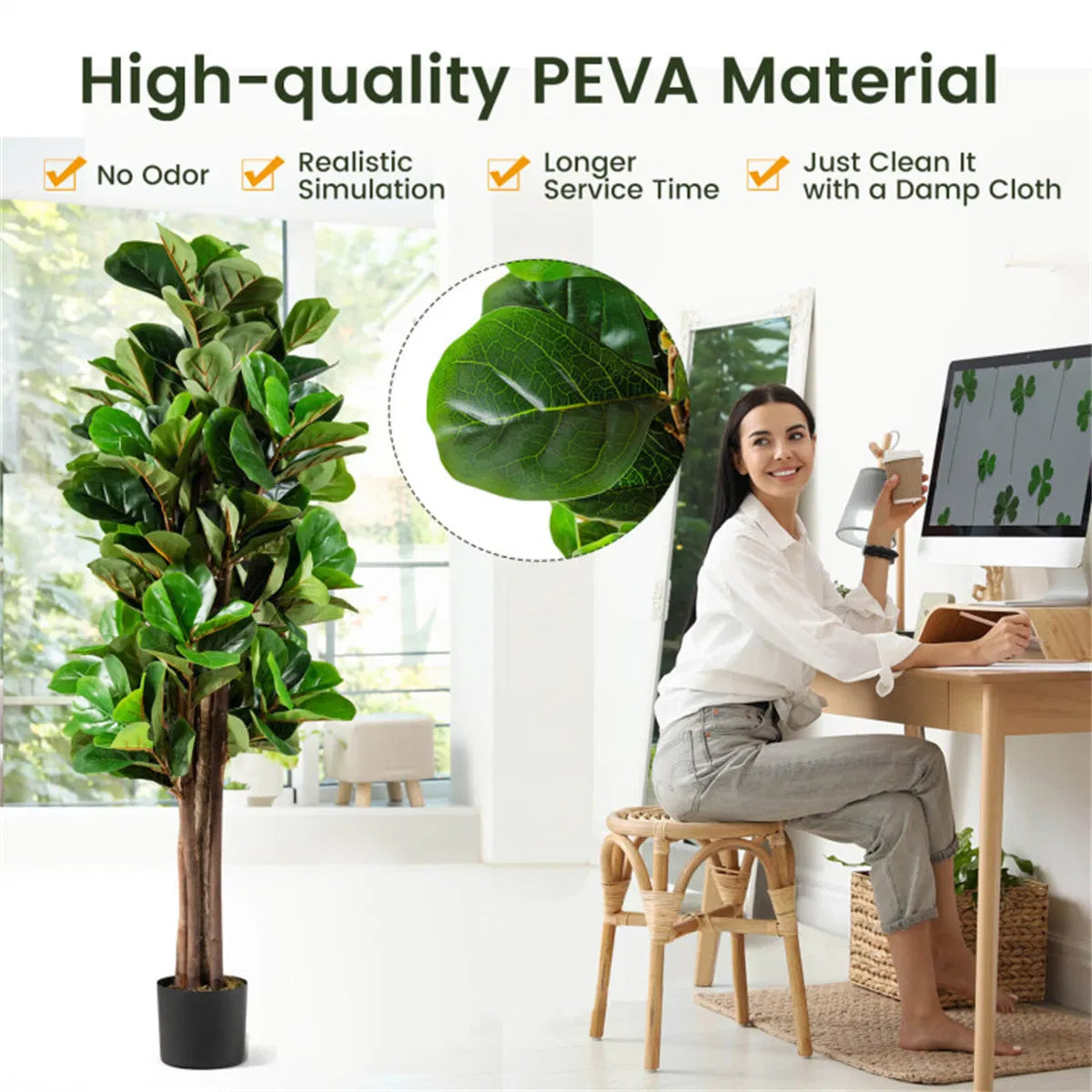 5 Ft Artificial Fiddle Leaf Fig Tree with Black Planter, 180 Green Leaves, Faux Indoor Outdoor Potted Tree