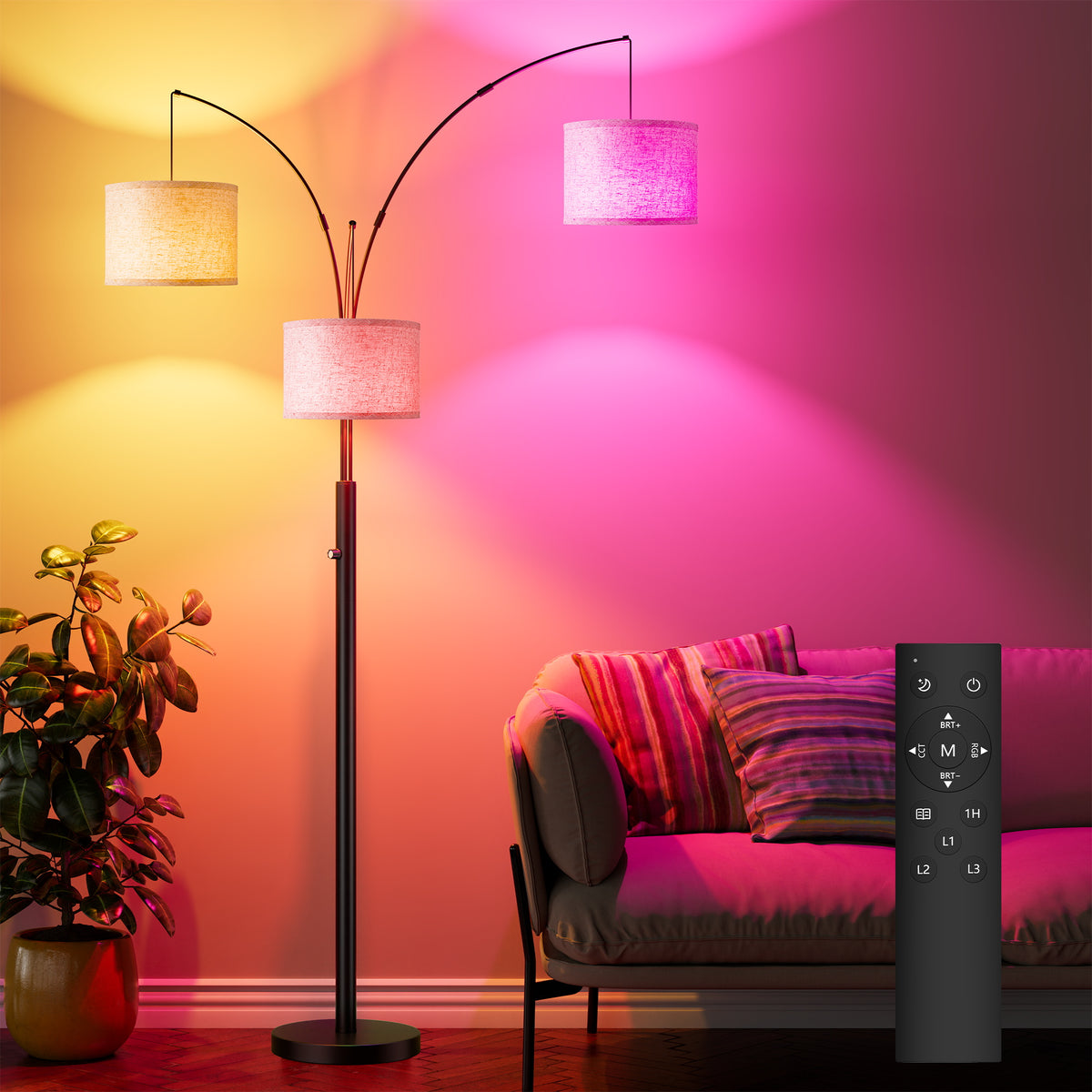 3-Light Arc Floor Lamp, Black Metal Tree Floor Lamp With Dimmable 3 Color Temperature Heads for Living Room and Bedroom