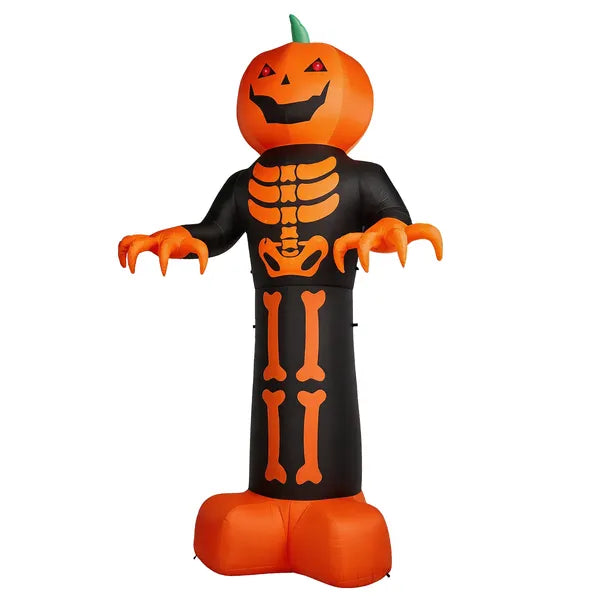 12 Ft Inflatable Halloween Pumpkin Skeleton Reaper Yard Decoration With LED and String Lights, Black and Orange