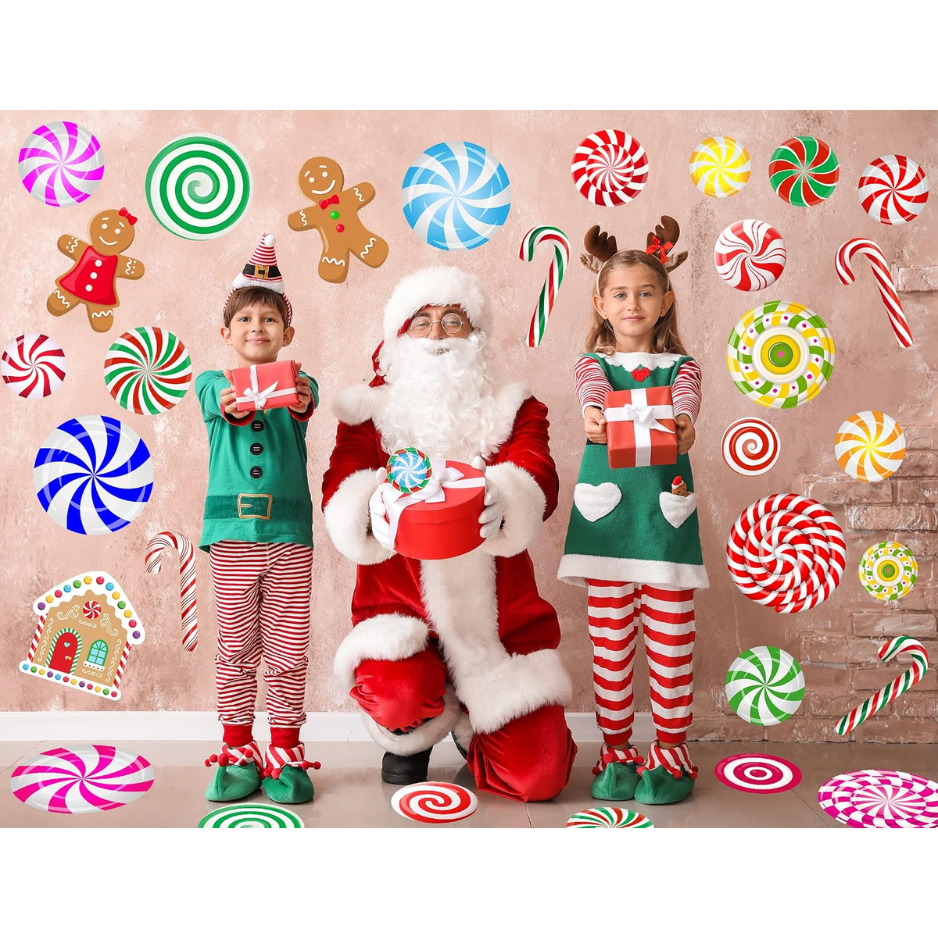 Christmas Candy Wall Stickers, 8 Sheets Peppermint Candyland Decals With Candy Canes and Gingerbread Cutouts