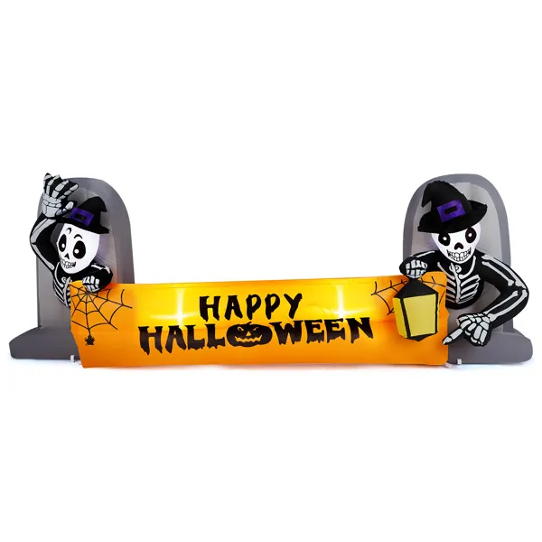 Halloween Inflatable Skeleton Tombstone Banner, 9.6 FT Lighted Outdoor Yard Decoration With 4 Built-In LEDs