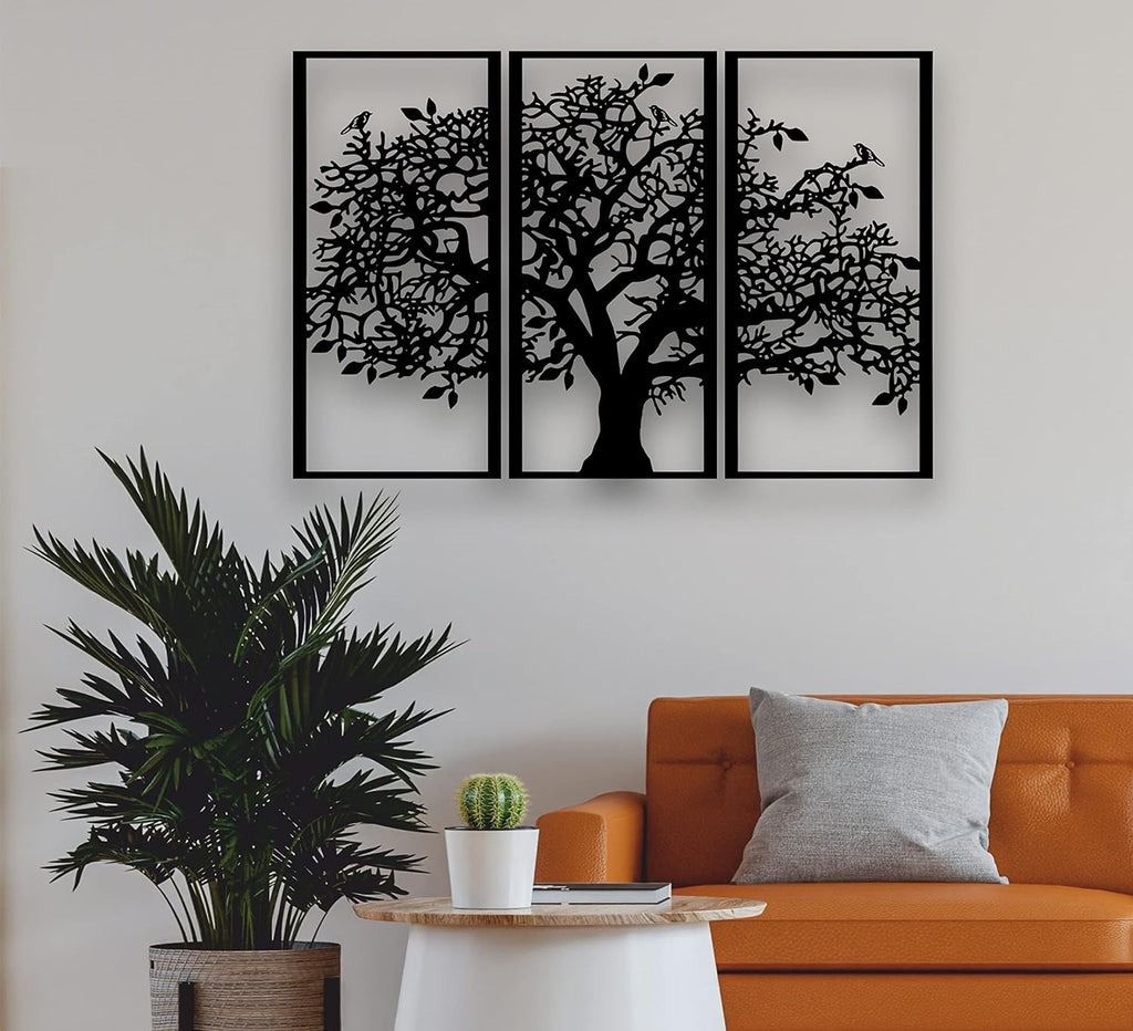 3-Piece Tree of Life Metal Wall Art, Black Wrought Iron Triptych Wall Hanging Decor