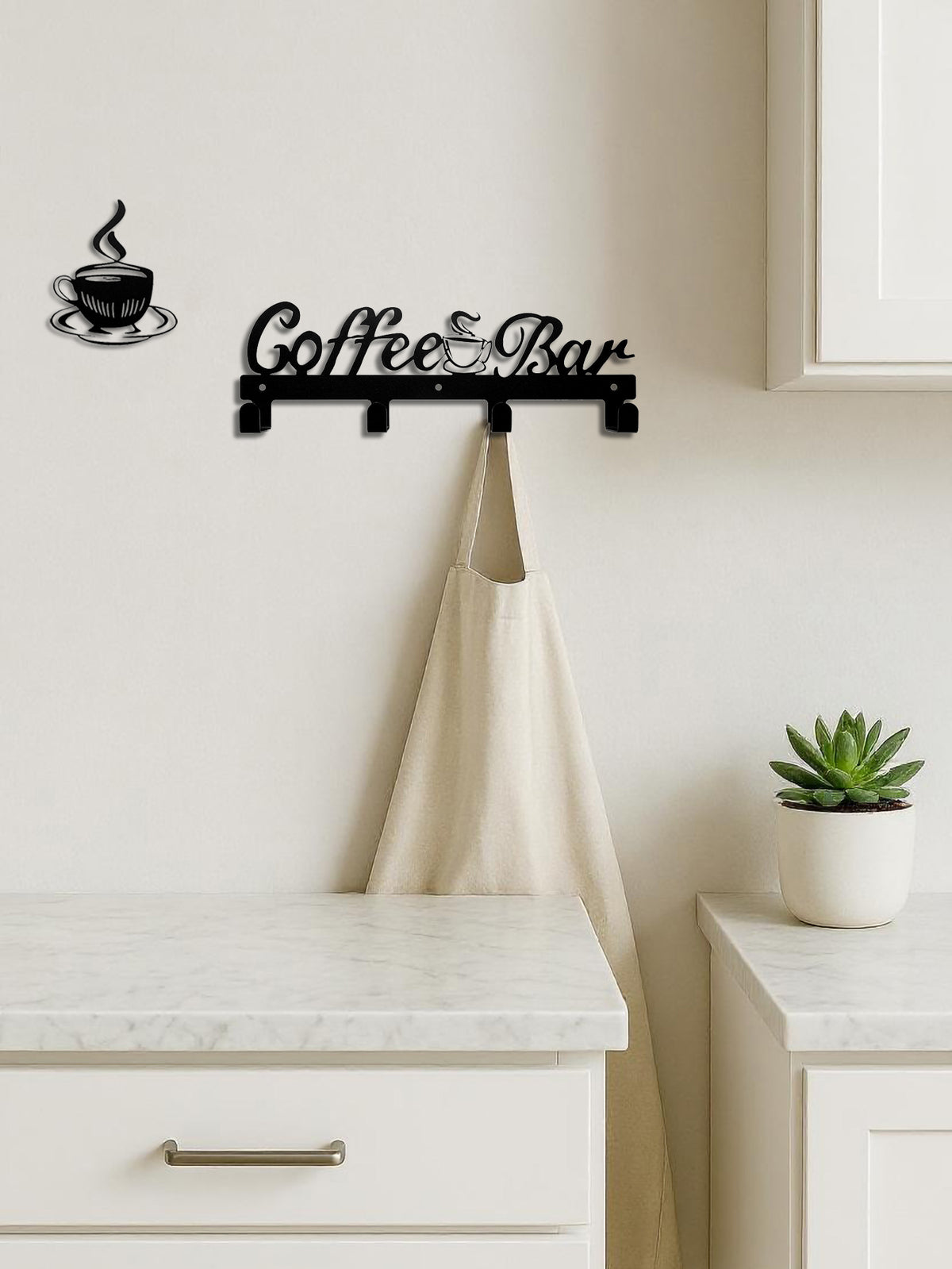Coffee Bar Wall Hook Rack With 4 Hooks and Coffee Cup Wall Decor, Black Metal Kitchen Organizer