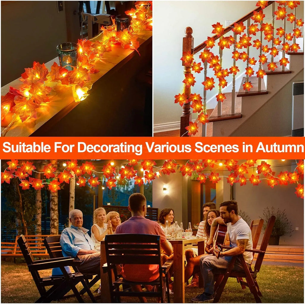 Fall Maple Leaf Garland String Lights, 3 Pack, 30 Ft, 60 Warm White LEDs, Battery Operated With Timer, Indoor and Outdoor Autumn Decor