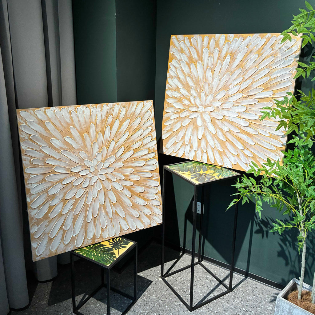 Textured Floral Canvas Wall Art, Set of 2, 32x32 in Antique White and Gold Hand-Painted Impasto Flower Paintings