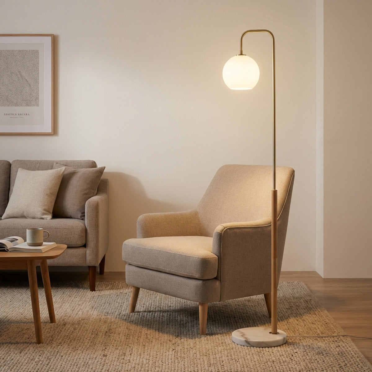 Tall Corner Floor Lamp With White Glass Globe Shade, 63-Inch Marble Base Standing Light for Living Room, Bedroom and Office
