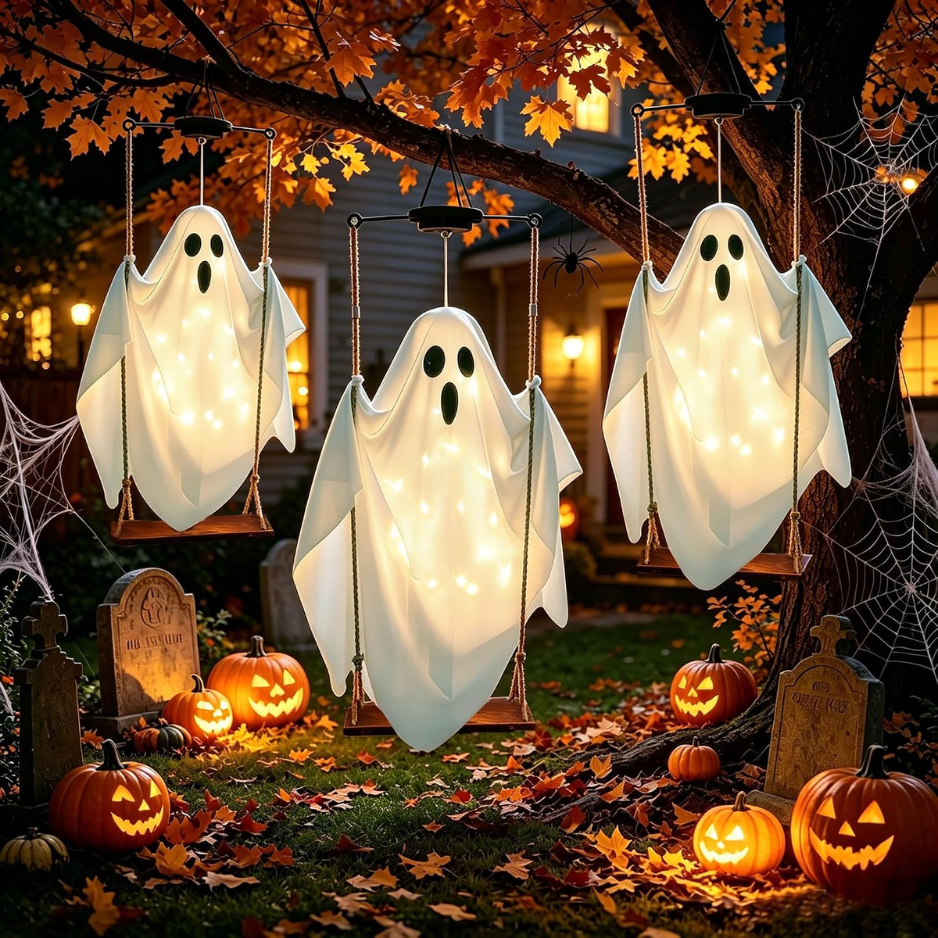 Solar Hanging Ghost Swing Halloween Decorations, 2 Pack Lighted Outdoor Ghost Decor With Warm White LED String Lights