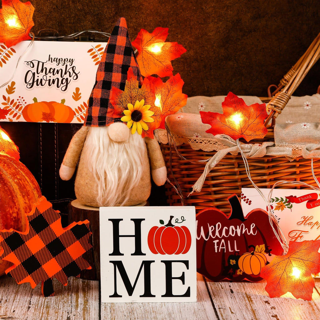 Fall Gnome Tiered Tray Decor Set, 5 Piece Wooden Pumpkin Signs, Maple Leaf String Lights and Greeting Cards