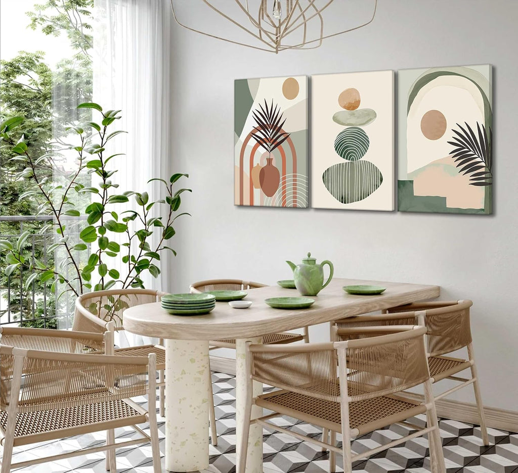 Boho Abstract Canvas Wall Art Set of 3, Framed Sage Green Botanical Prints, 12 x 16 in, Ready to Hang