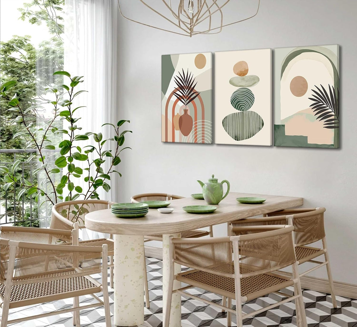 Boho Abstract Canvas Wall Art Set of 3, Framed Sage Green Botanical Prints, 12 x 16 in, Ready to Hang