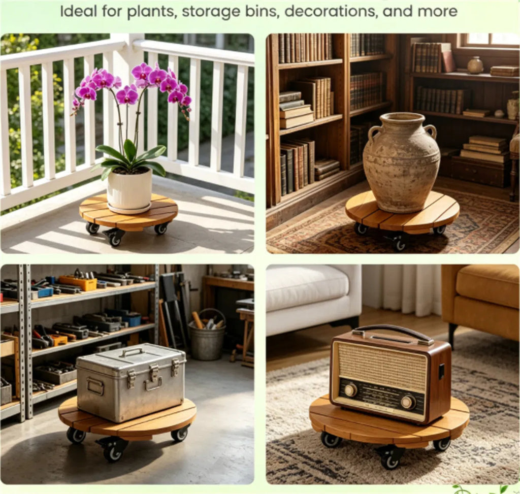 Rolling Plant Caddy Set of 4, 12" Round Acacia Wood Plant Stands With Locking Wheels, Natural Finish