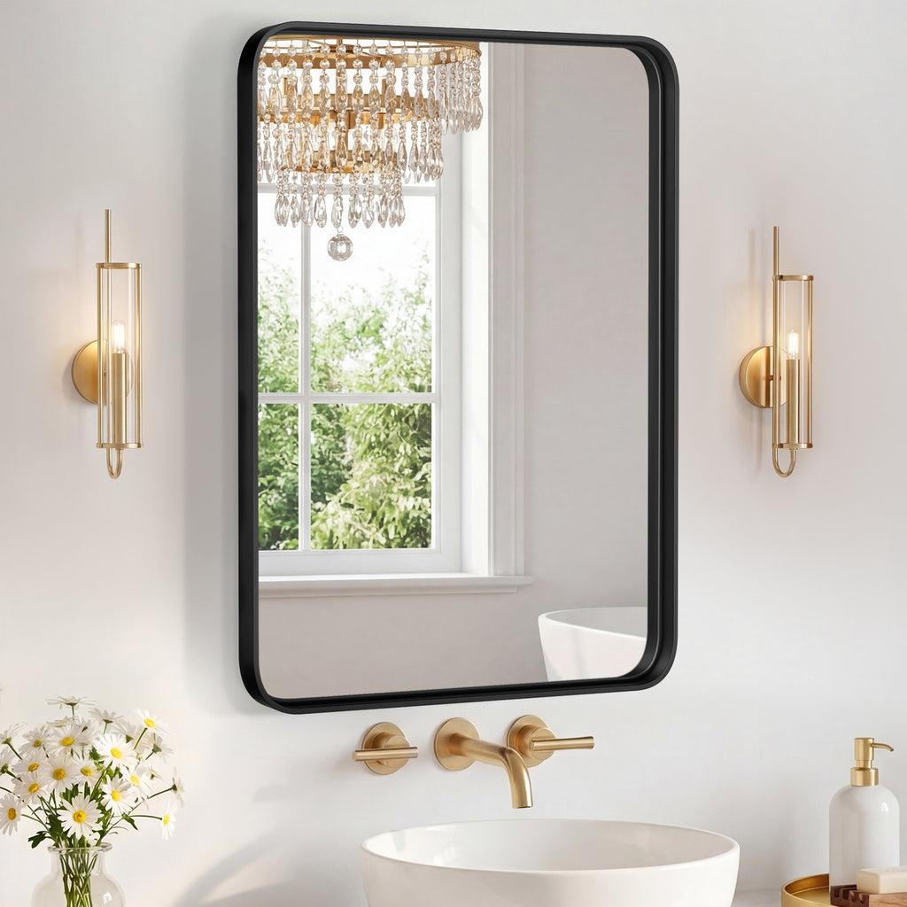 Rectangular Wall Mirror With Black Metal Frame, Rounded Corner Bathroom Vanity Mirror