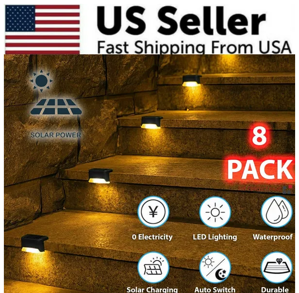 Solar Deck Lights, 8 Pack Black Waterproof LED Step Lights for Stairs, Fence, and Patio, Warm White