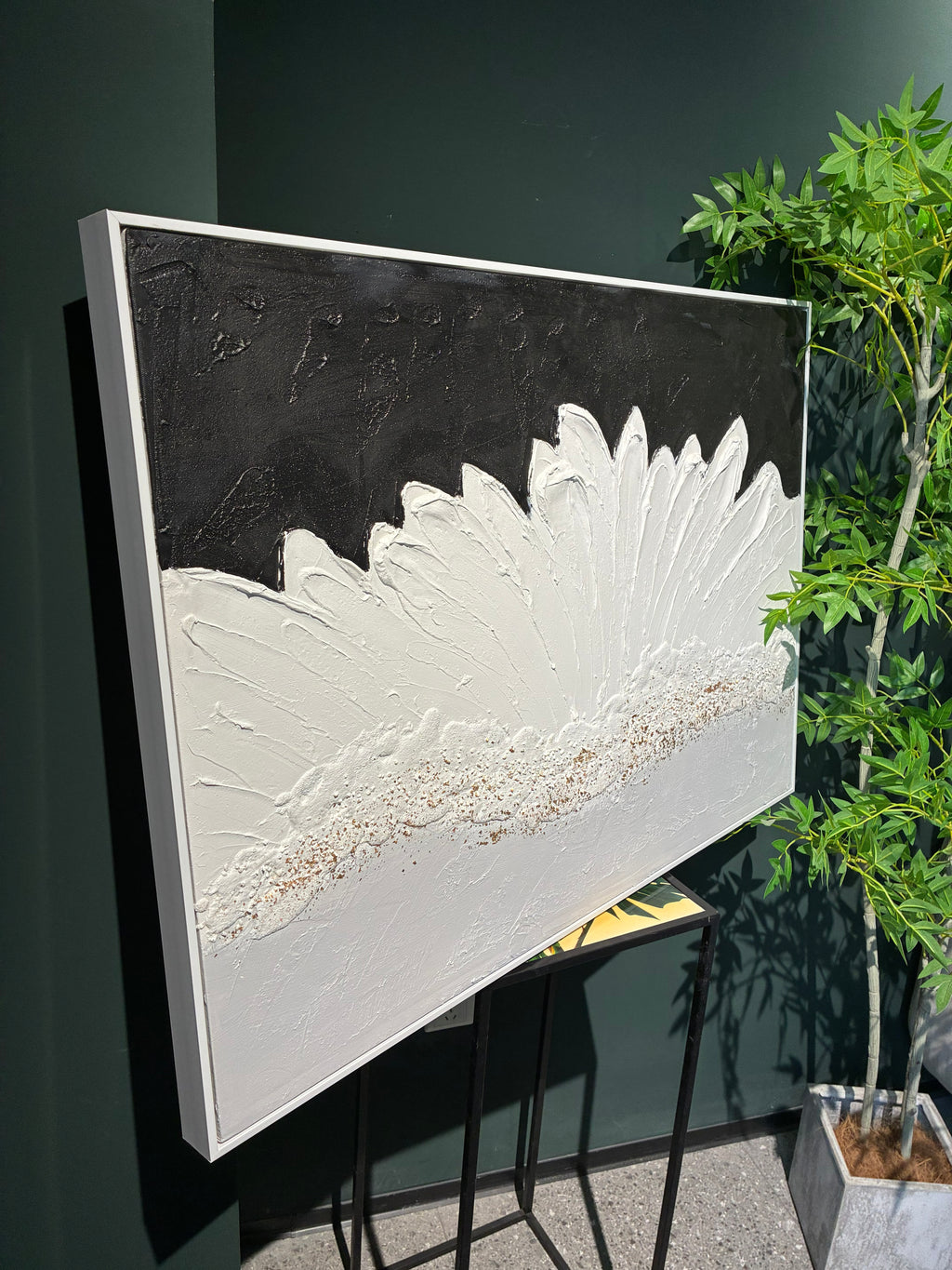 Framed Abstract Wall Art 28x40 In, Black and White Textured Canvas Painting with Grey and Gold Accents