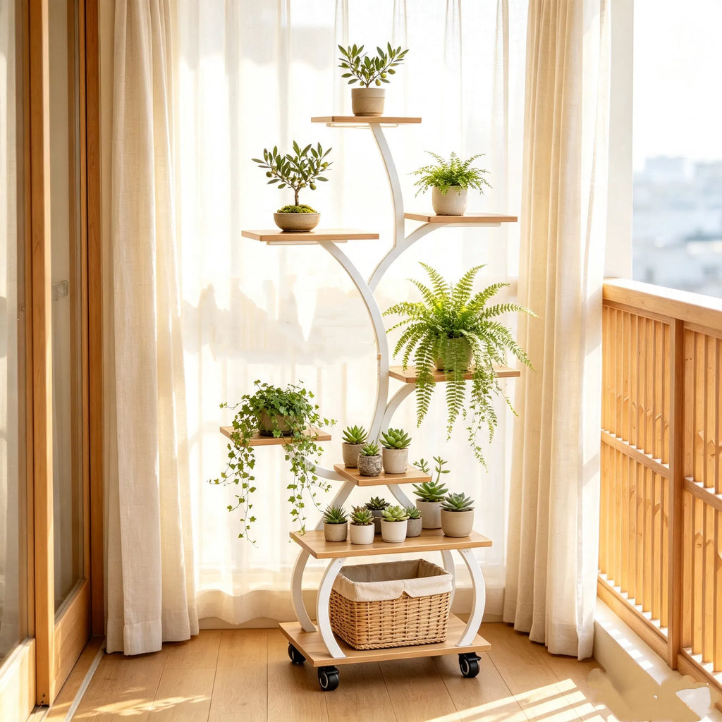 Tree Shaped Plant Stand with Full Spectrum LED Grow Light, White Metal 8-Tier Indoor Plant Shelf with Lockable Wheels, 48 Inches
