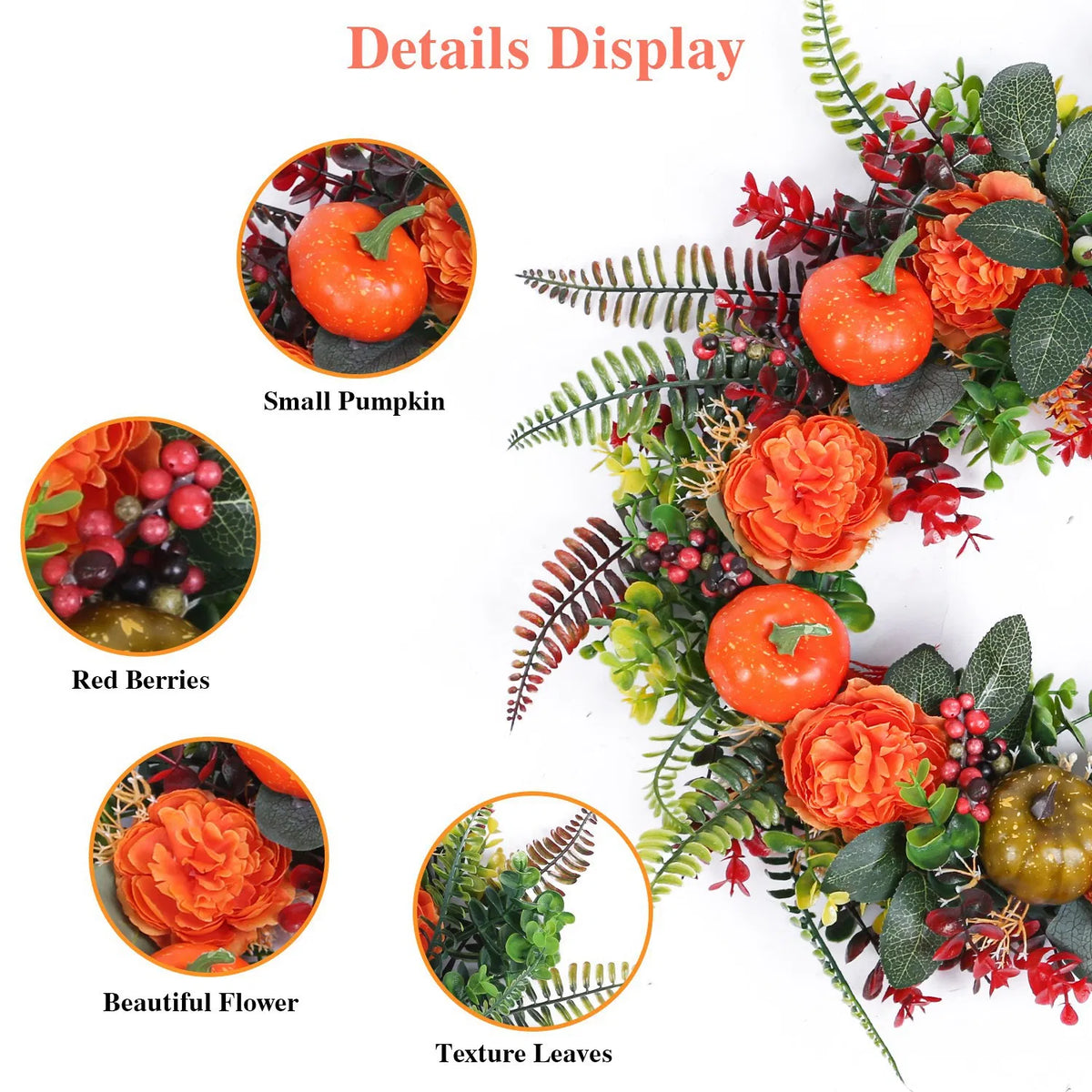 Fall Front Door Wreath With Mini Pumpkins, Red Berries and Mixed Leaves, 17.71 Inch Orange and Green Autumn Wreath