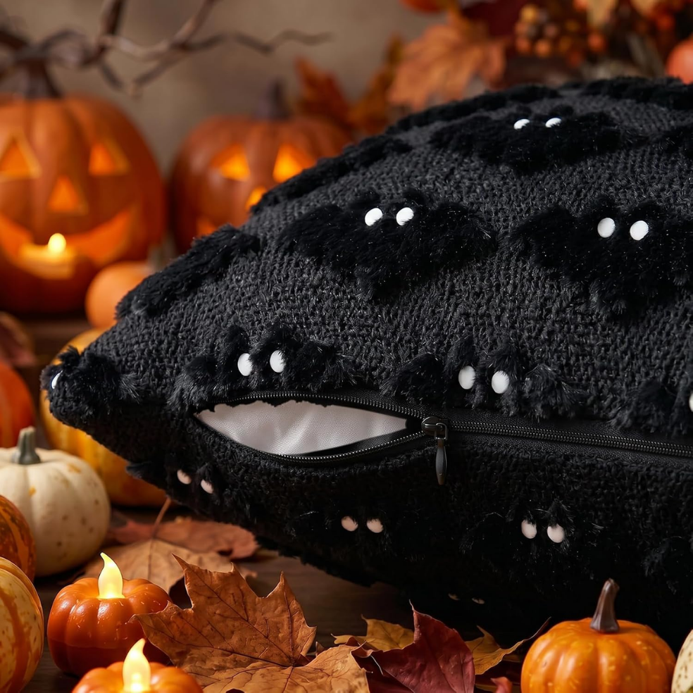 Halloween Bat Pillow Covers, Set of 2 Black Plush Tufted Throw Cushion Covers for Sofa and Bed