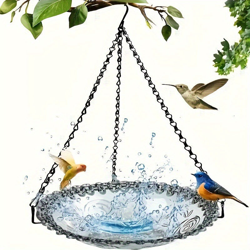 Hanging Bird Bath and Feeder Bowl, Embossed Floral Plastic Birdbath With Metal Chain for Garden and Yard, Grey or Purple