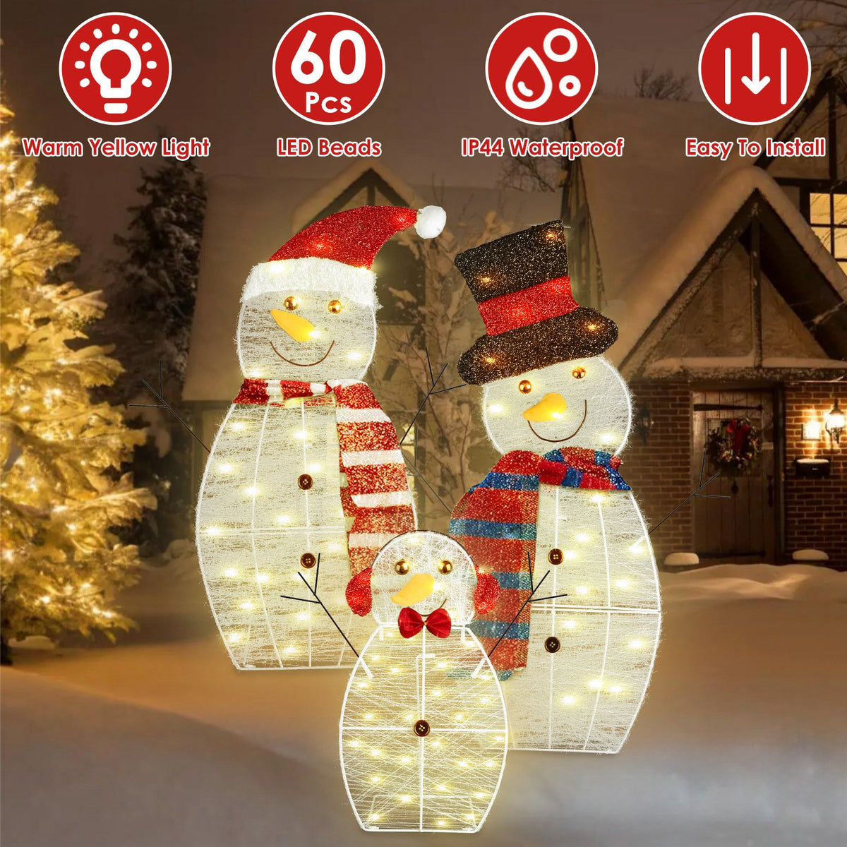 Lighted Snowman Family Yard Decoration, 3 Piece 2D Christmas Snowmen With 60 Warm White LED Lights, Indoor Outdoor Display