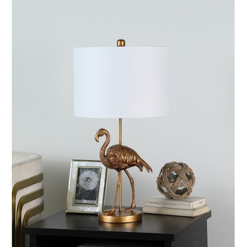 Flamingo Table Lamp, 26 Inch Matte Gold Resin Accent Lamp With White Drum Shade