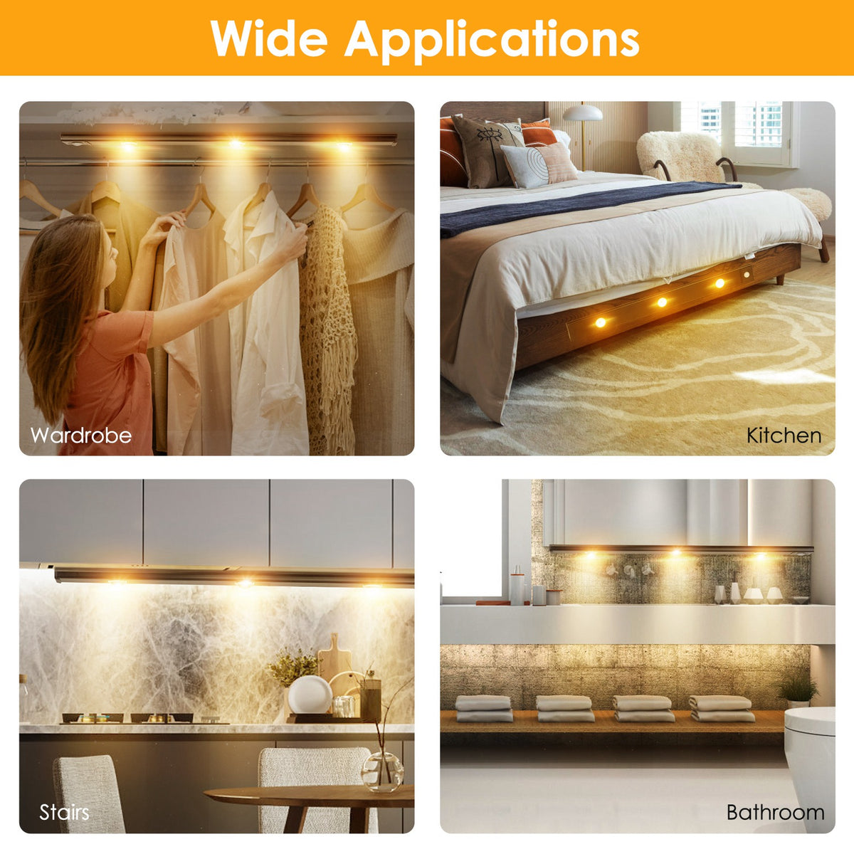 Rechargeable Under Cabinet Lights, 2 Pack Motion Sensor LED Closet Bar, Dimmable 3 Color Temperatures, 7.87 in, Black or White