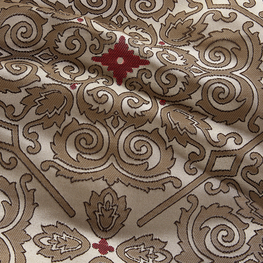 Queen 7 Piece Jacquard Comforter Set With Throw Pillows, Red and Tan Polyester Bedding