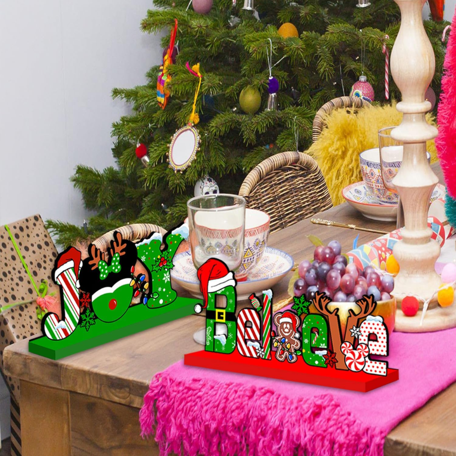 Christmas Wooden Table Signs, Set of 4 Holiday Centerpiece Decorations in Red and Green