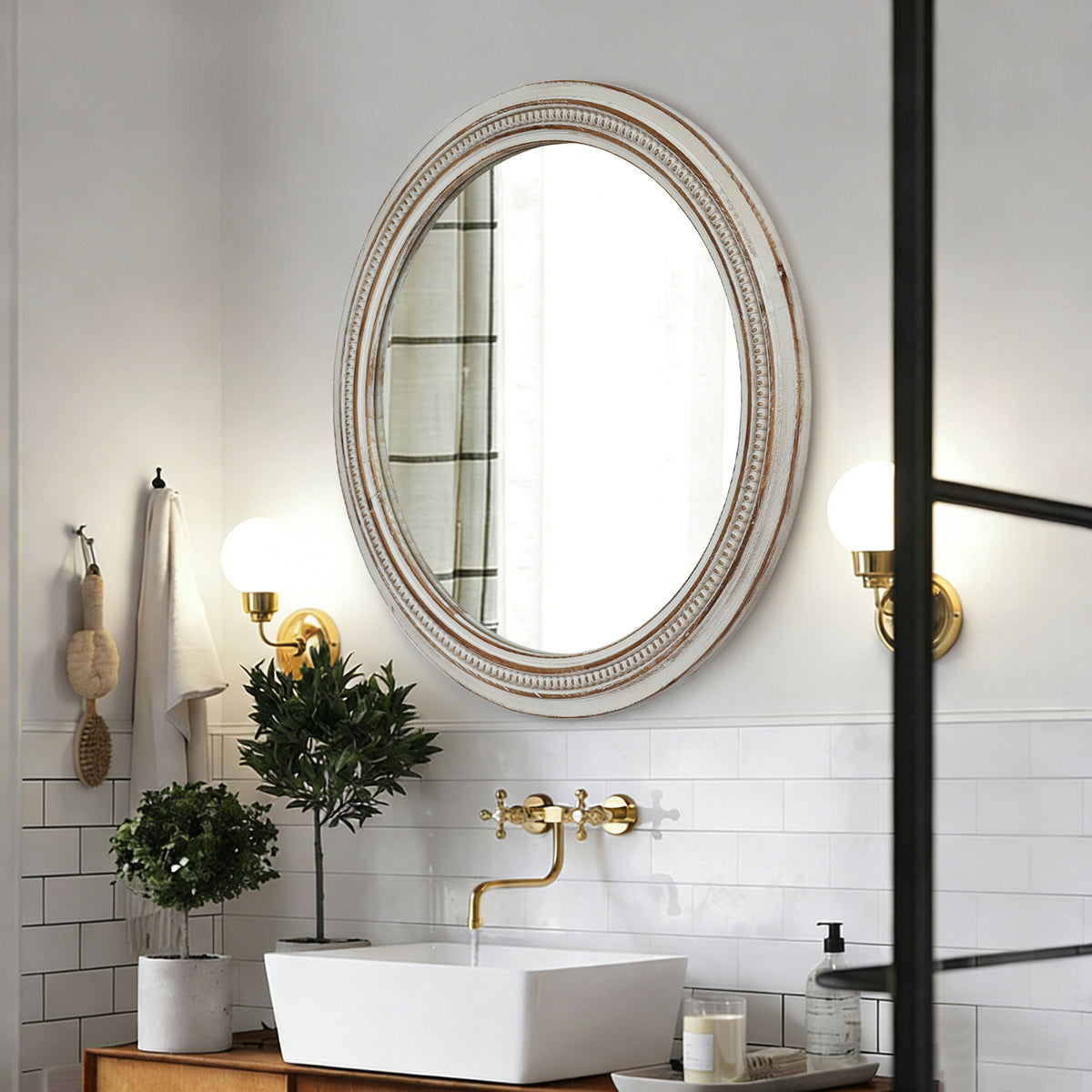 Vintage Round Wall Mirror, 23.62" Distressed White Beaded Frame Mirror for Bathroom, Living Room and Entryway