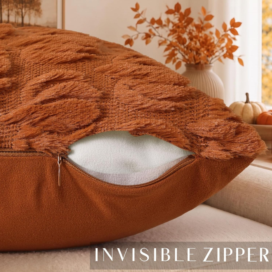 Pumpkin Throw Pillow Covers 18x18 Set of 2, Light Rust Faux Fur Fall Decor Cushion Cases with Velvet Back
