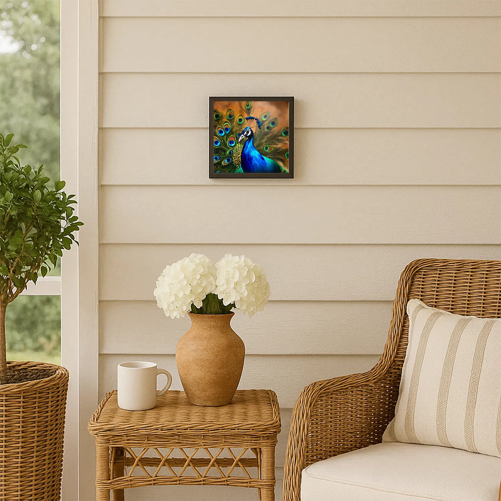 Peacock Framed Metal Wall Art, 8x8 Square Aluminum Print, Black Frame, Ready to Hang Decor