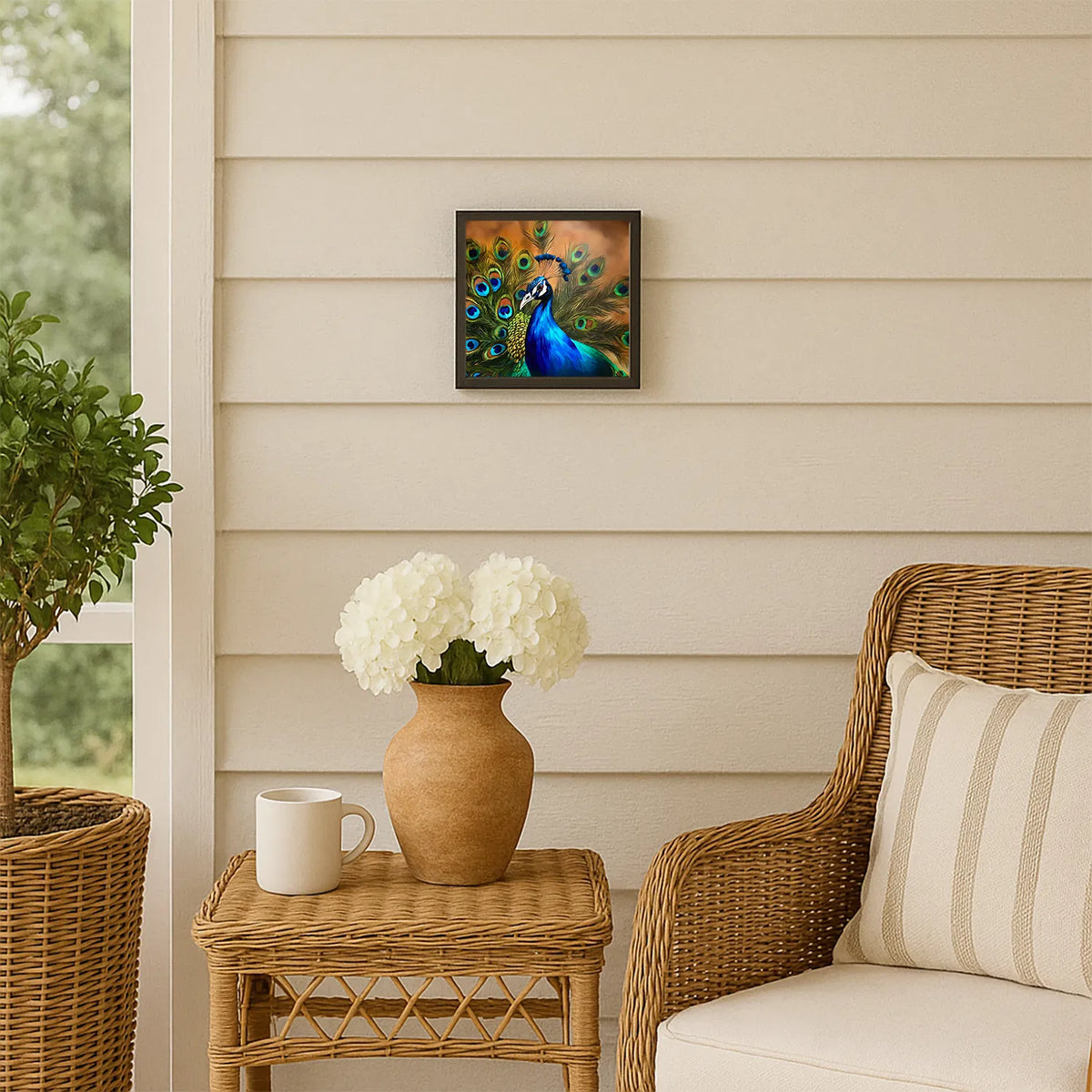 Peacock Framed Metal Wall Art, 8x8 Square Aluminum Print, Black Frame, Ready to Hang Decor