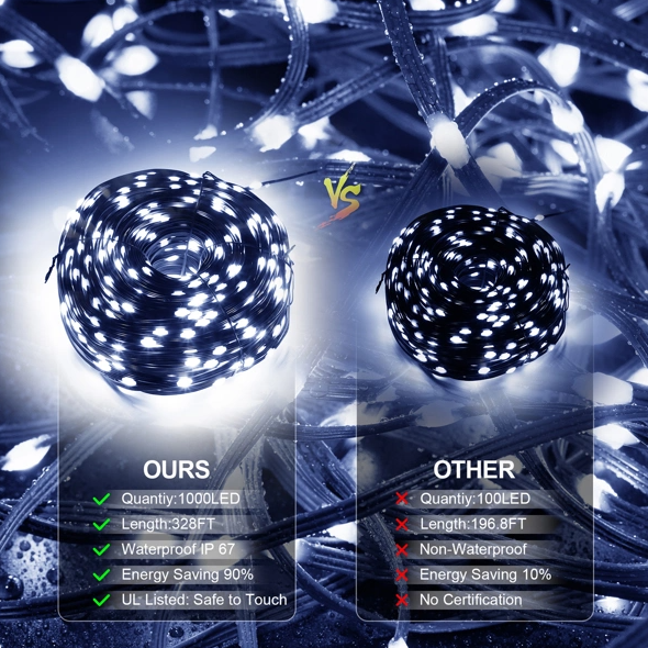 Outdoor String Lights, 1000 LED 328 Ft Green Wire Rope Lights With Remote, 8 Modes, Dimmable, Timer