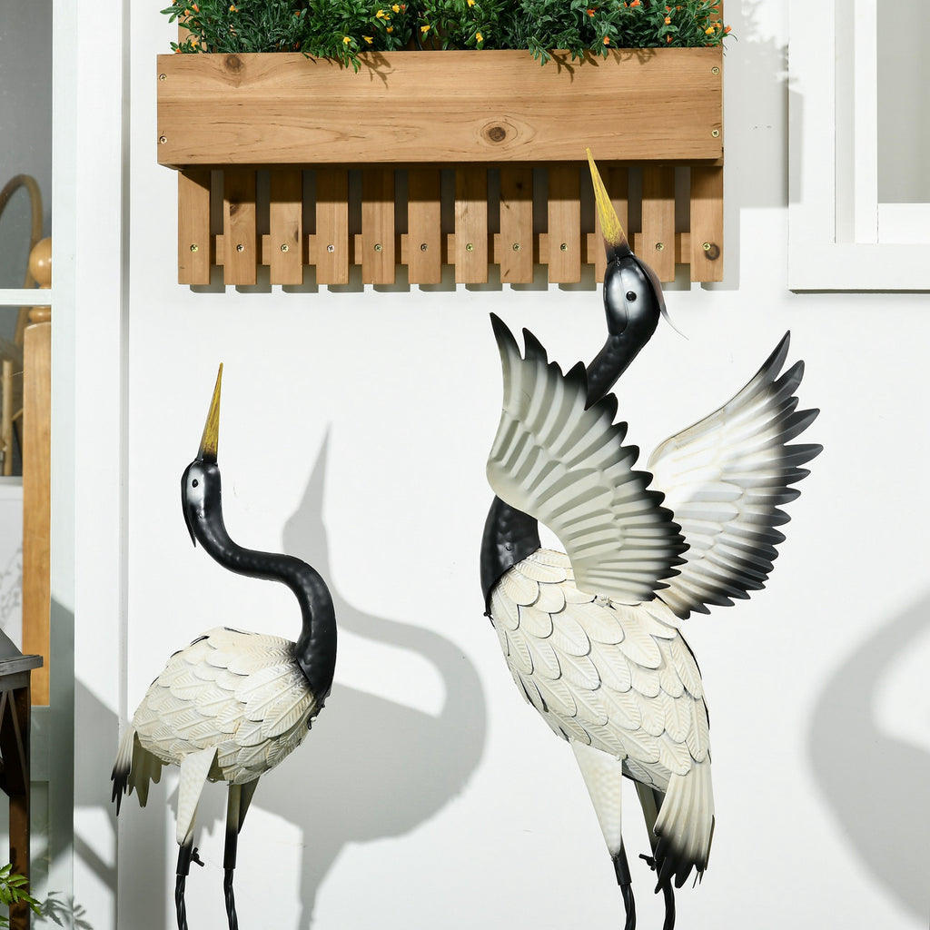 Metal Heron Garden Statues, Set of 2 Standing Crane Yard Sculptures in White and Black, 35.5" and 40.5" Steel Lawn Decor