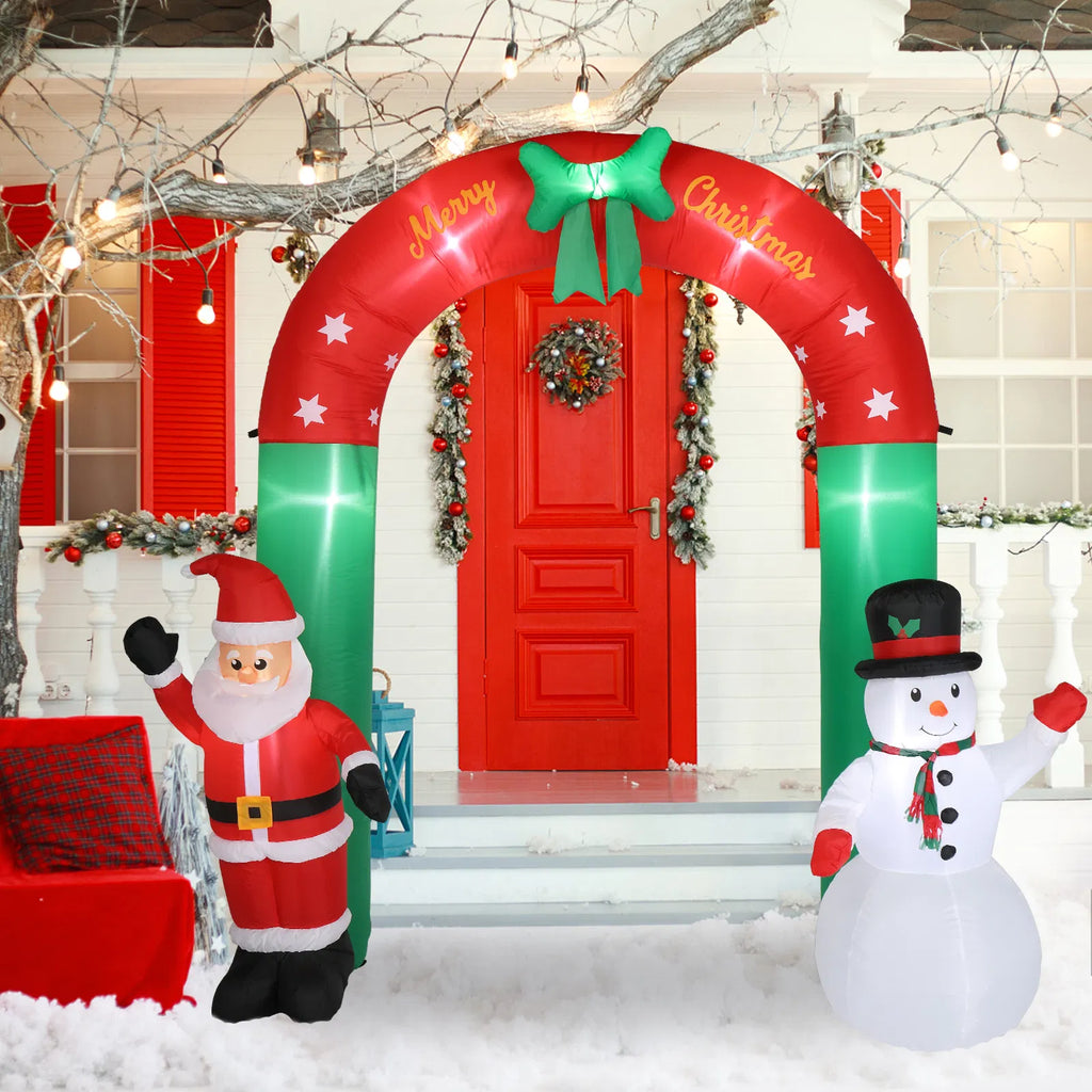 8 Ft Inflatable Christmas Archway With Santa and Snowman, 7 Lights, Red and Green Yard Decoration