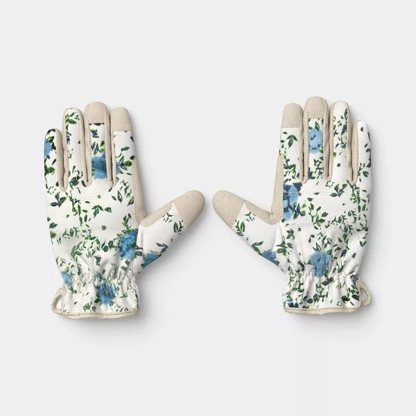 Floral Duck Canvas Garden Gloves, Khaki Blossom Print Work Gloves for Women, One Size