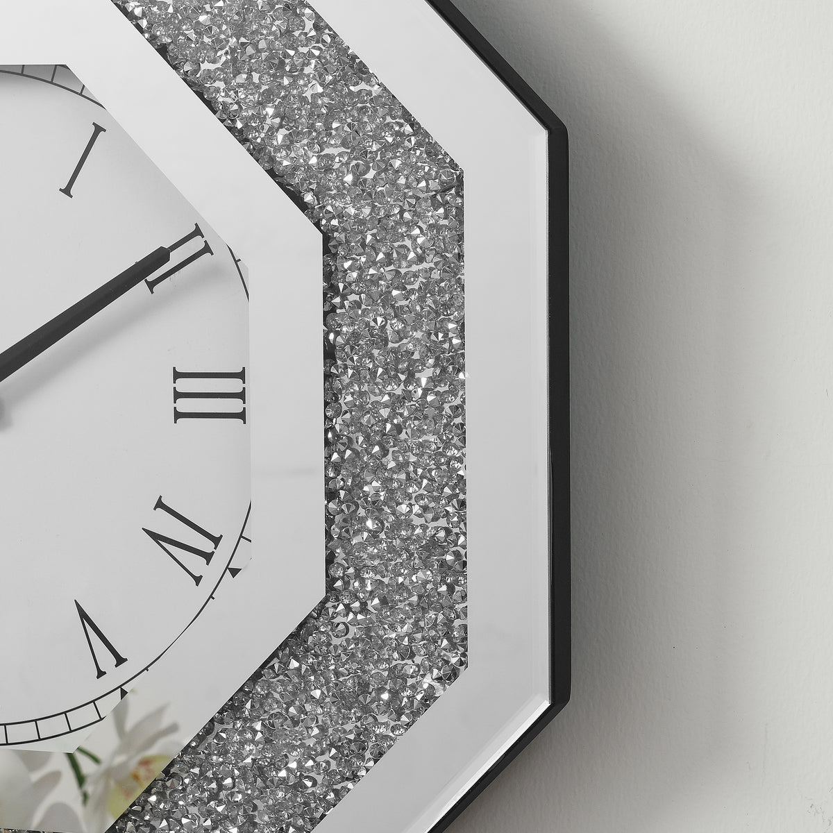Octagonal Mirrored Wall Clock, 20 Inch Silver Faux Gemstone Glam Decor With Roman Numerals