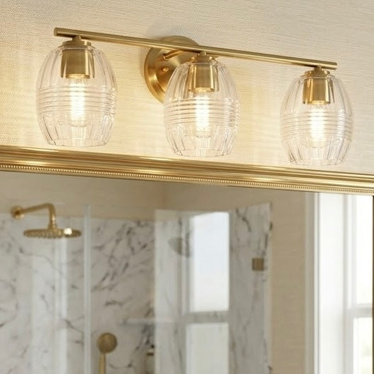 3-Light Bathroom Vanity Light, Satin Brass Wall Sconce With Clear Ribbed Glass Dome Shades, 22 in.