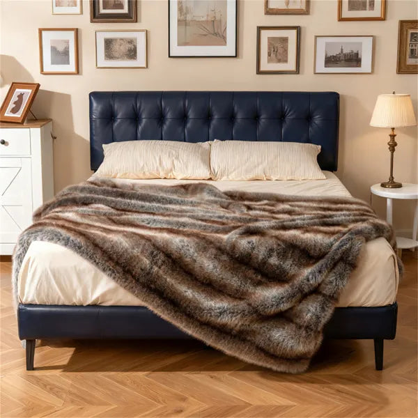 Faux Fur Throw Blanket, 60" x 80" Brown Taupe Fox Fur Blanket With Reversible Fleece Lining